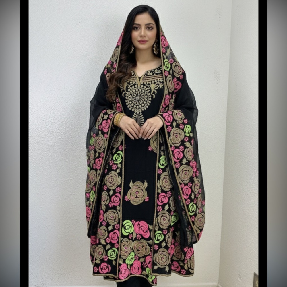Traditional Wear Kurta And Dupatta With Embroidery  Work Floral Pink Gold Black